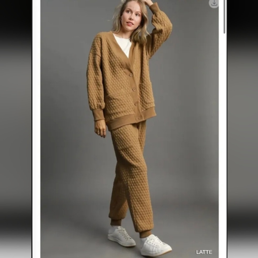 Umgee Latte Brown Quilted Cardigan and Jogger Two Piece Set K8980 K8981